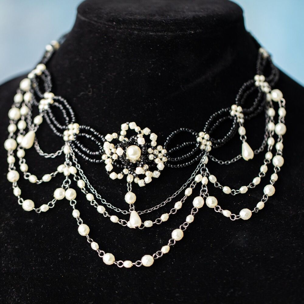 Manluck Black Beaded Faux Pearl Bib Necklace Victorian Gothic Statement Collar